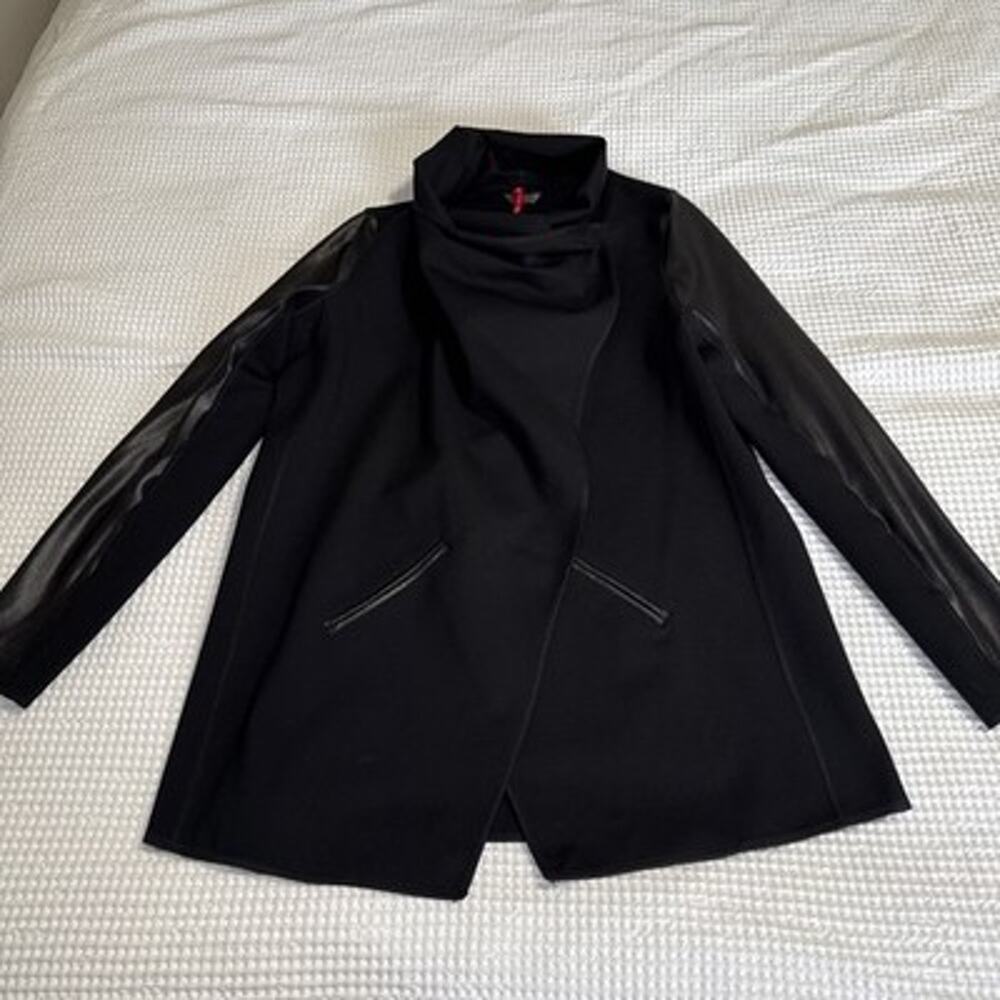 Spanx Drape Front Ponte Jacket Womens XL Knit Asymmetrical Black Thumbholes EUC